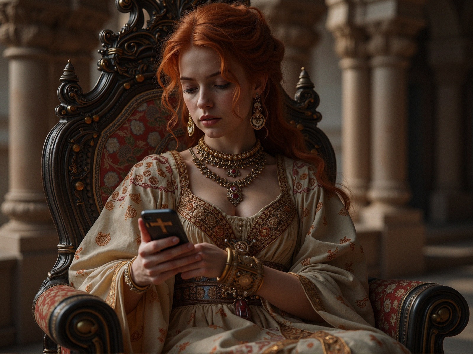 Young Woman in Ornate Chair with Modern Phone
