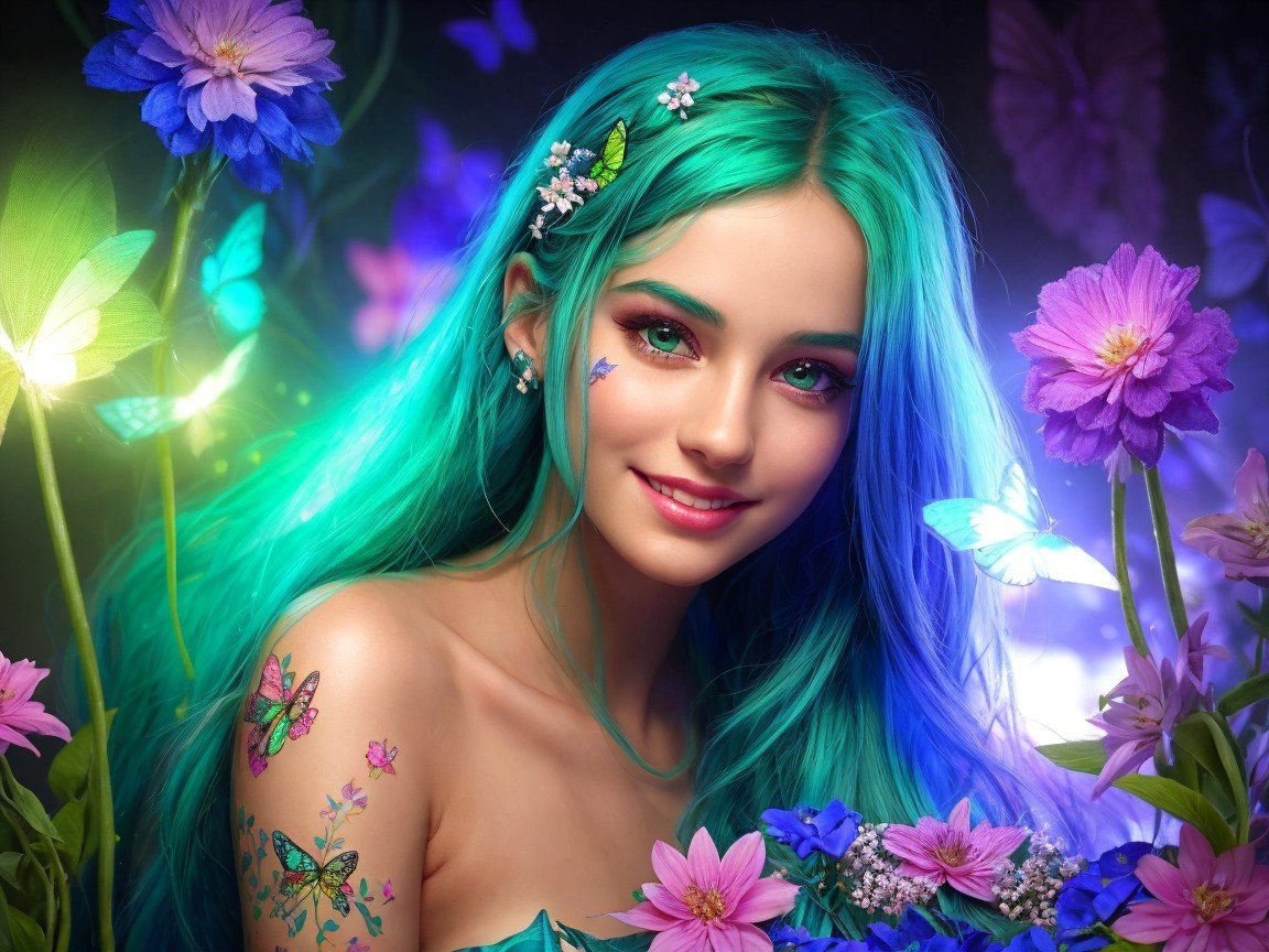 Young woman with teal hair in floral setting