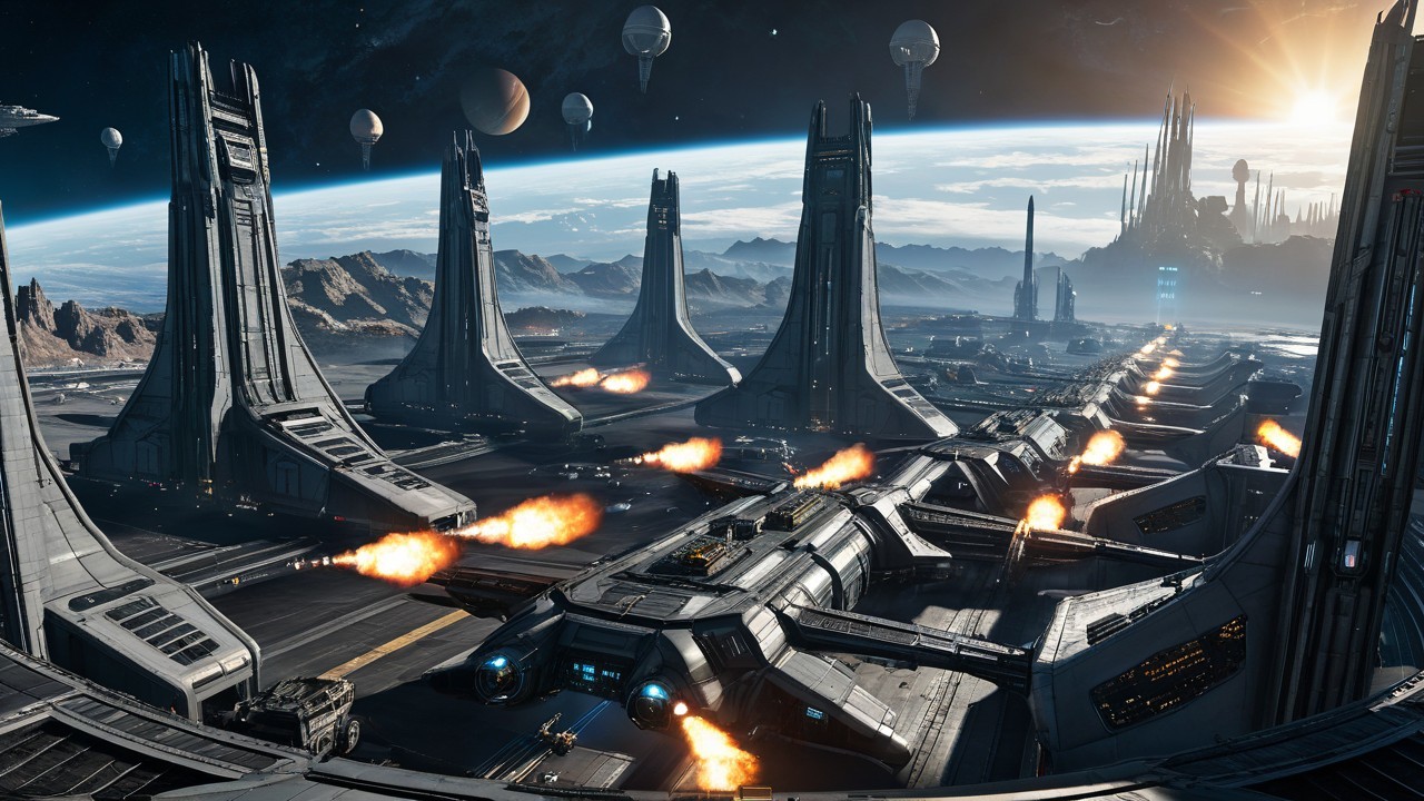 Futuristic Space Scene with Industrial Structure and Planets