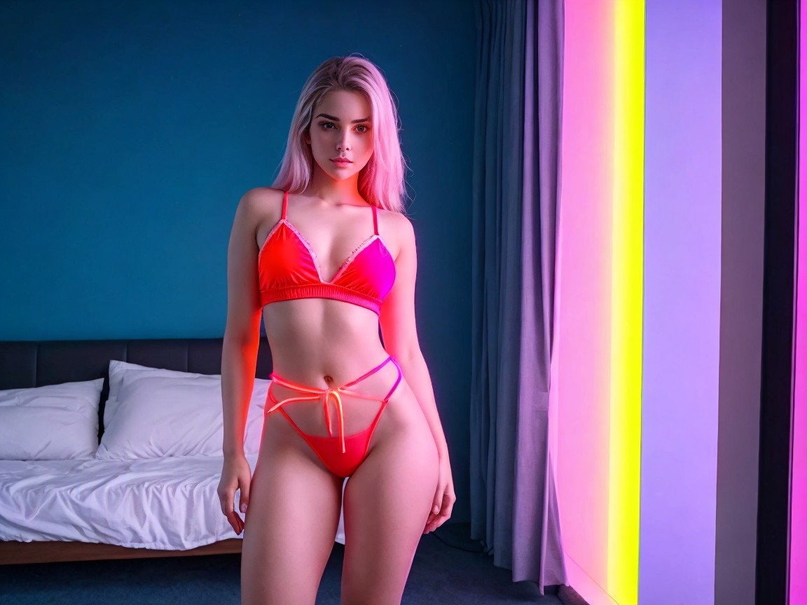 Young Woman in Vibrant Bikini with Neon Backdrop