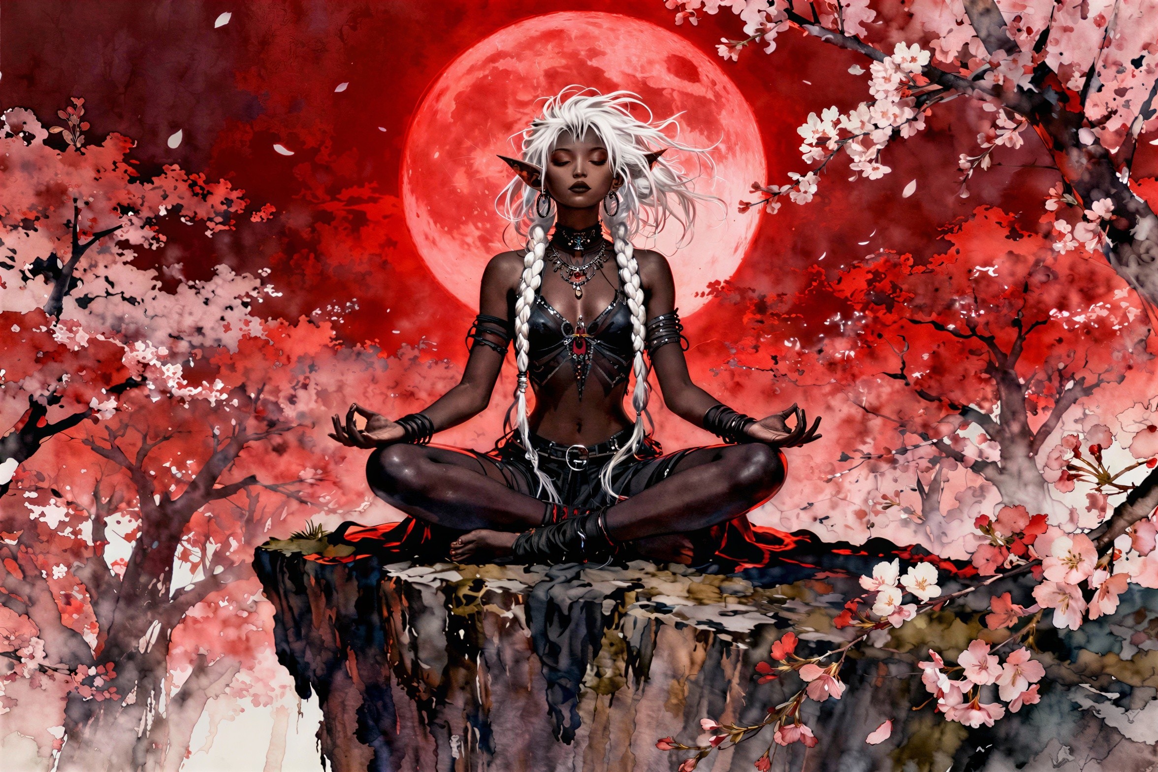 Fantasy Watercolor of Elf Woman Meditating at Night