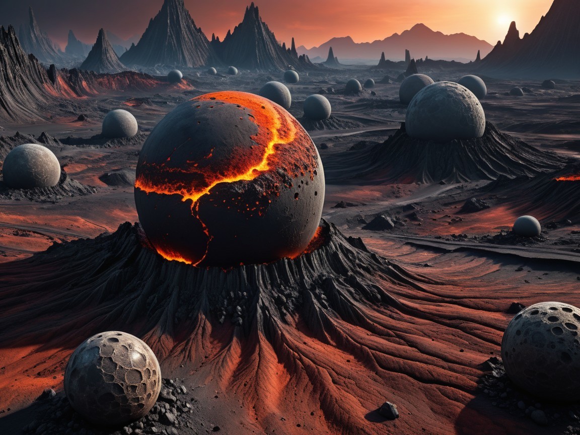 Surreal Alien Landscape with Molten Spheres and Peaks