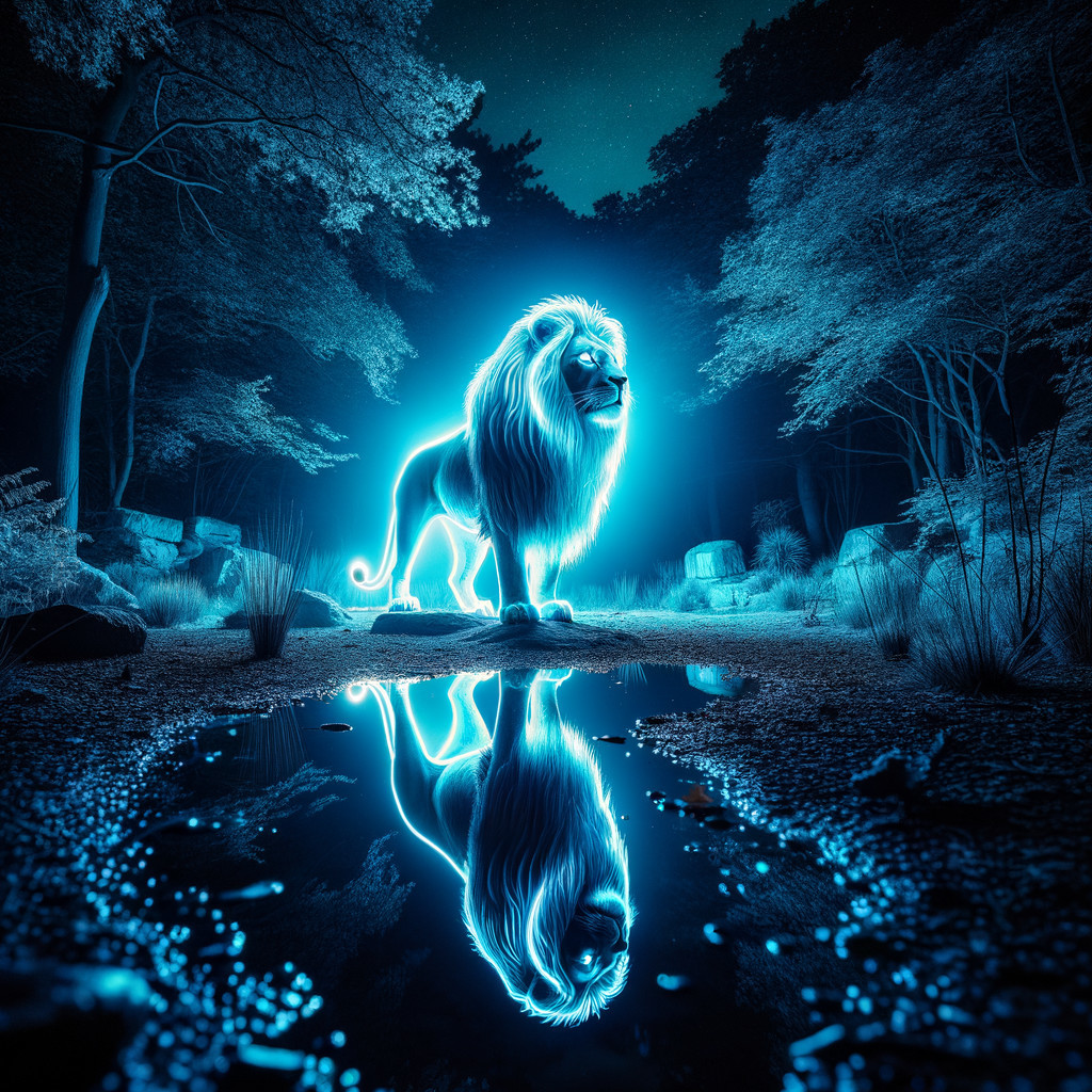 Mystical Night Scene with Glowing Lion in Forest