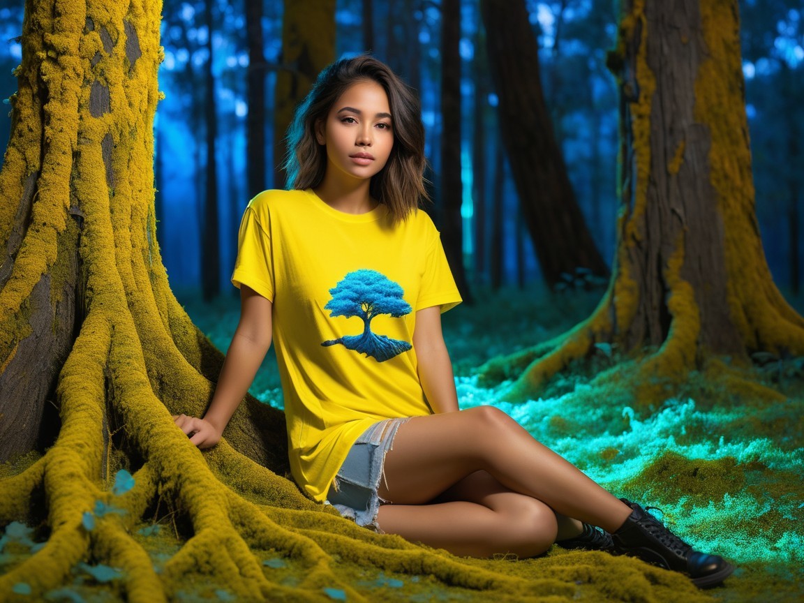 Young Woman in Yellow T-Shirt Surrounded by Forest Roots