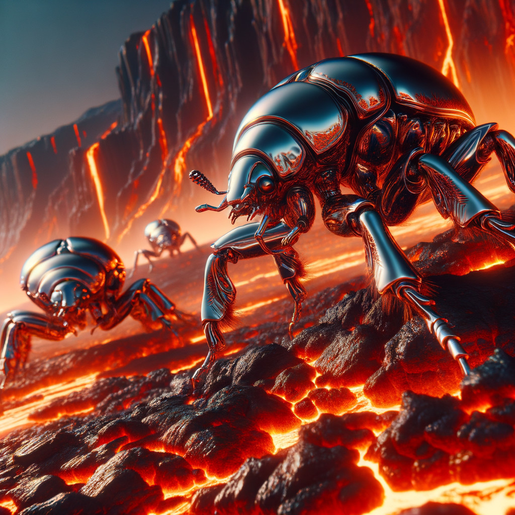 Futuristic robotic beetles on volcanic molten rock