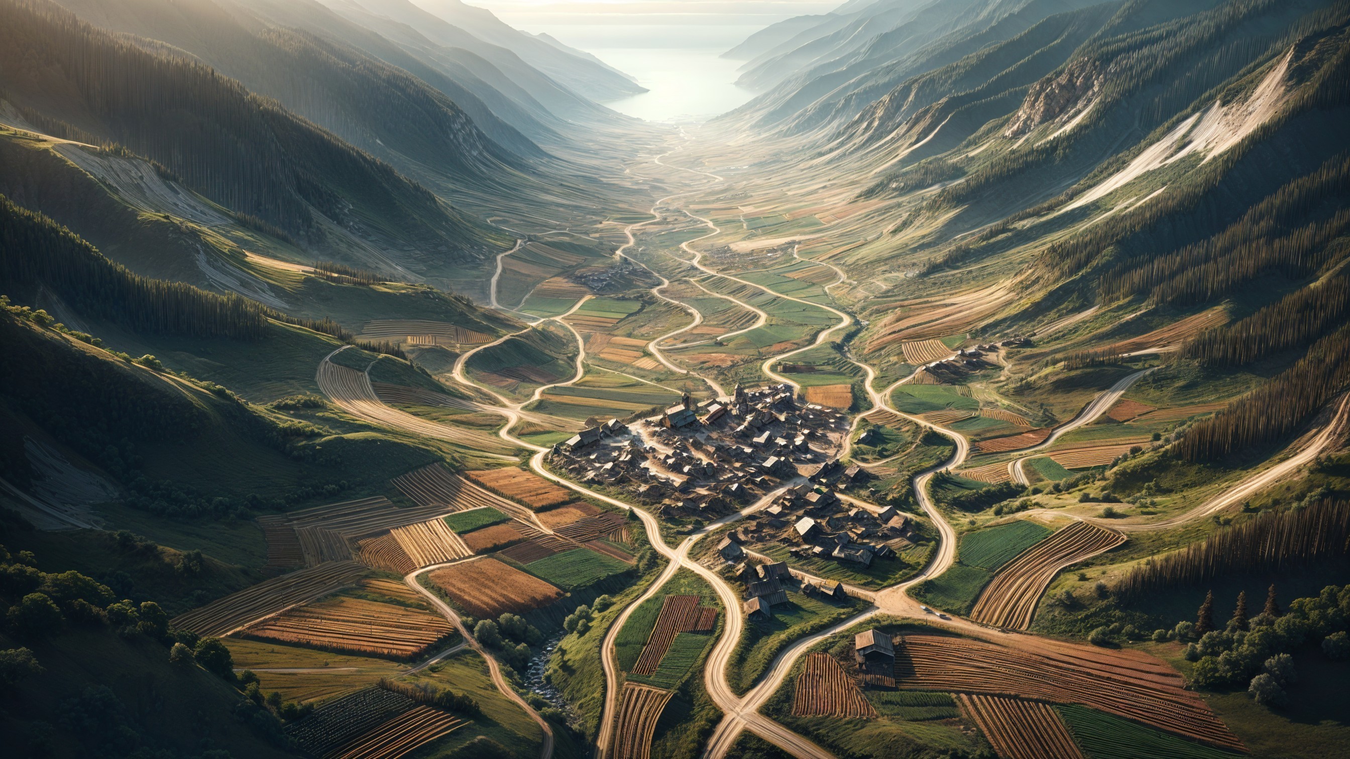 Picturesque Valley with Winding River and Village