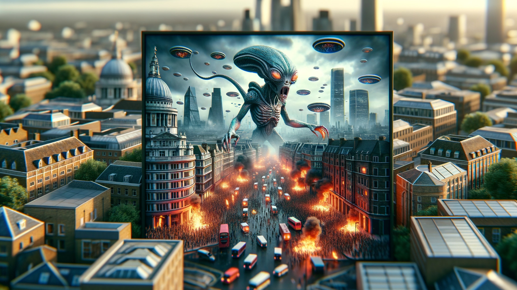 Colossal Alien Figure Overwhelms Cityscape in Chaos