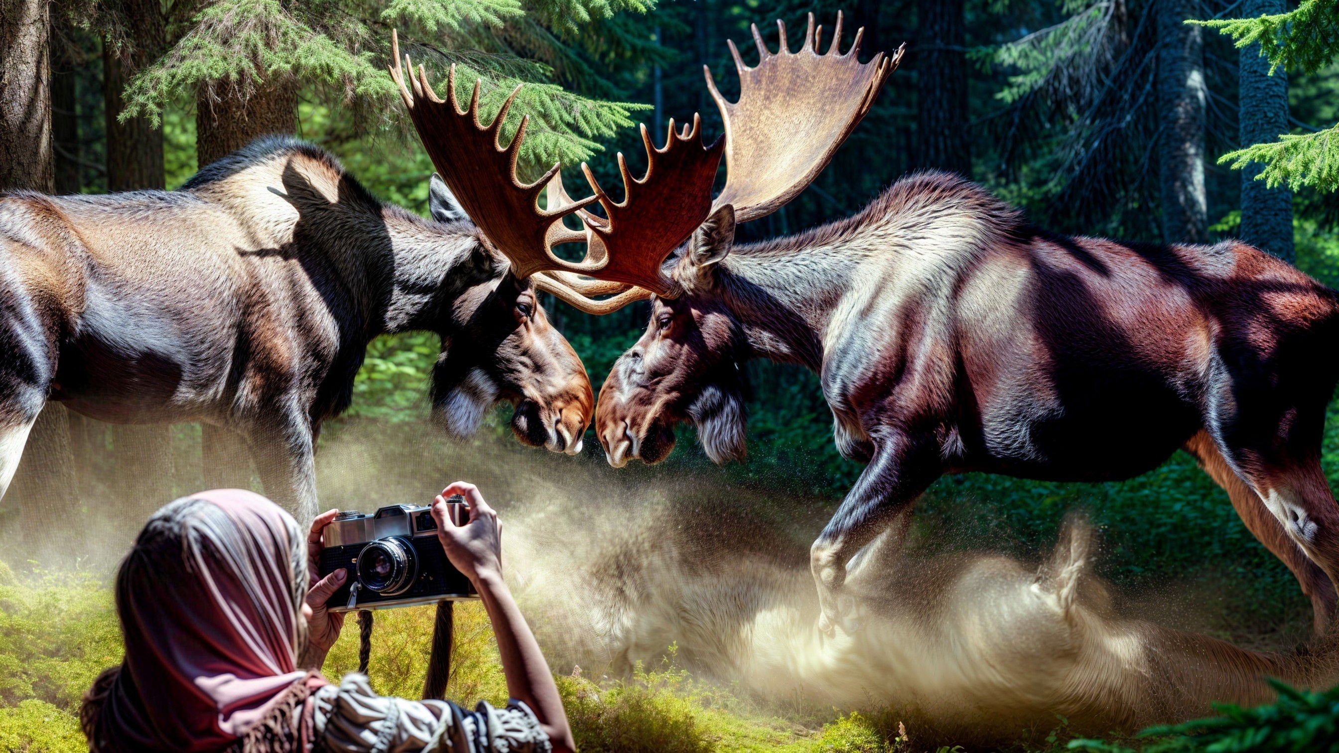 Moose Antlers Locked in Forest Wildlife Scene