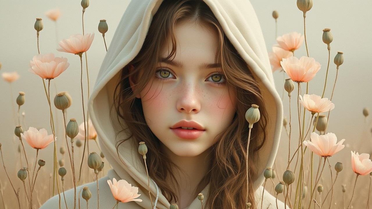 Young woman in beige hoodie among pink flowers