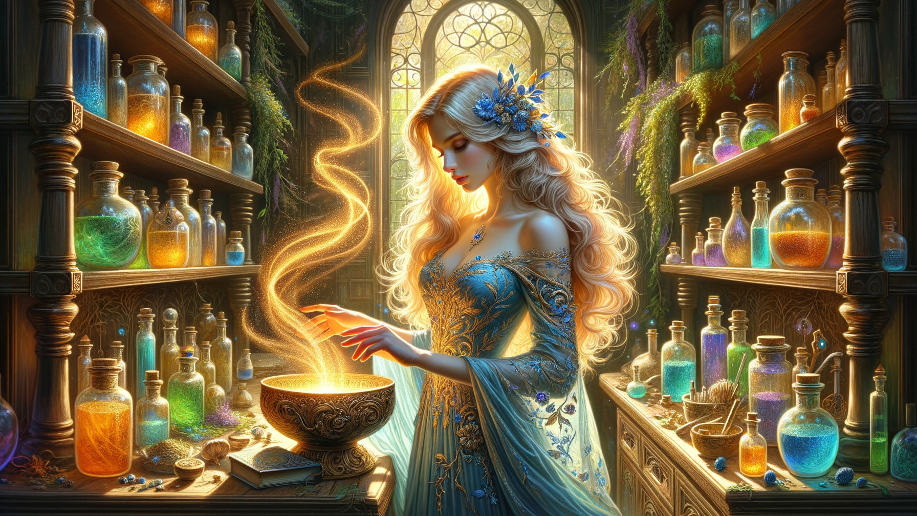 Mystical Apothecary with Colorful Potions and Cauldron