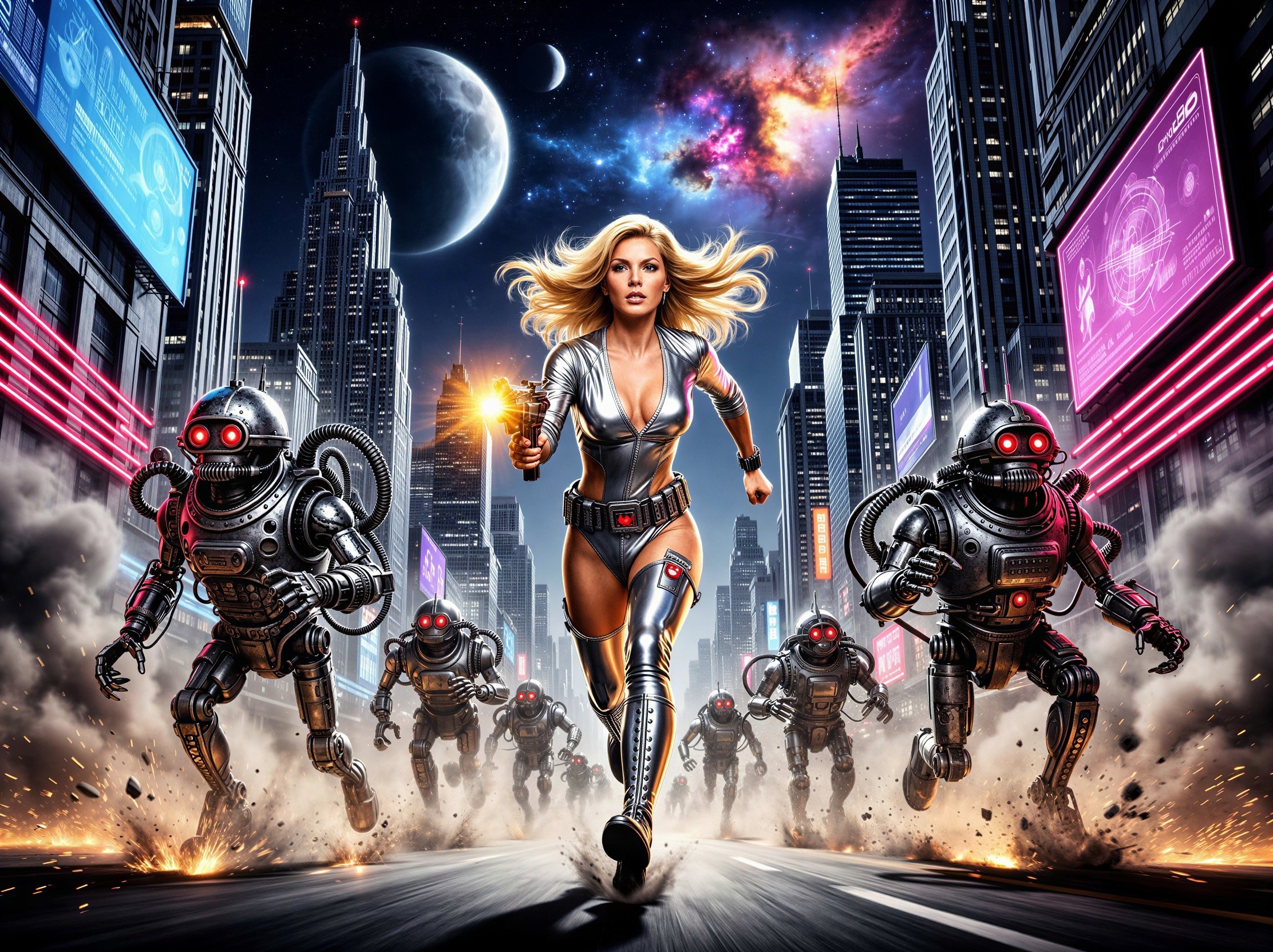 Blond Female Superhero in Futuristic City Chase Scene