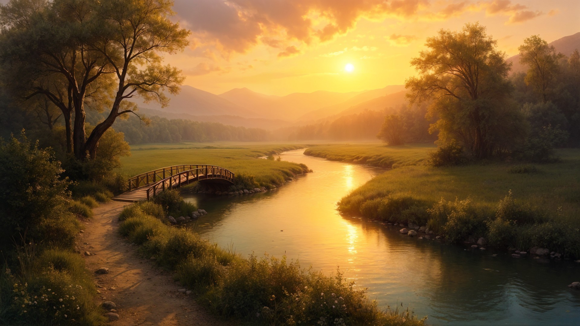 Tranquil Sunset Landscape with River and Bridge