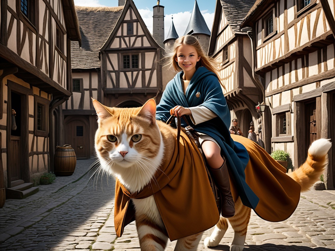 Medieval Village with Girl Riding Fluffy Orange Cat