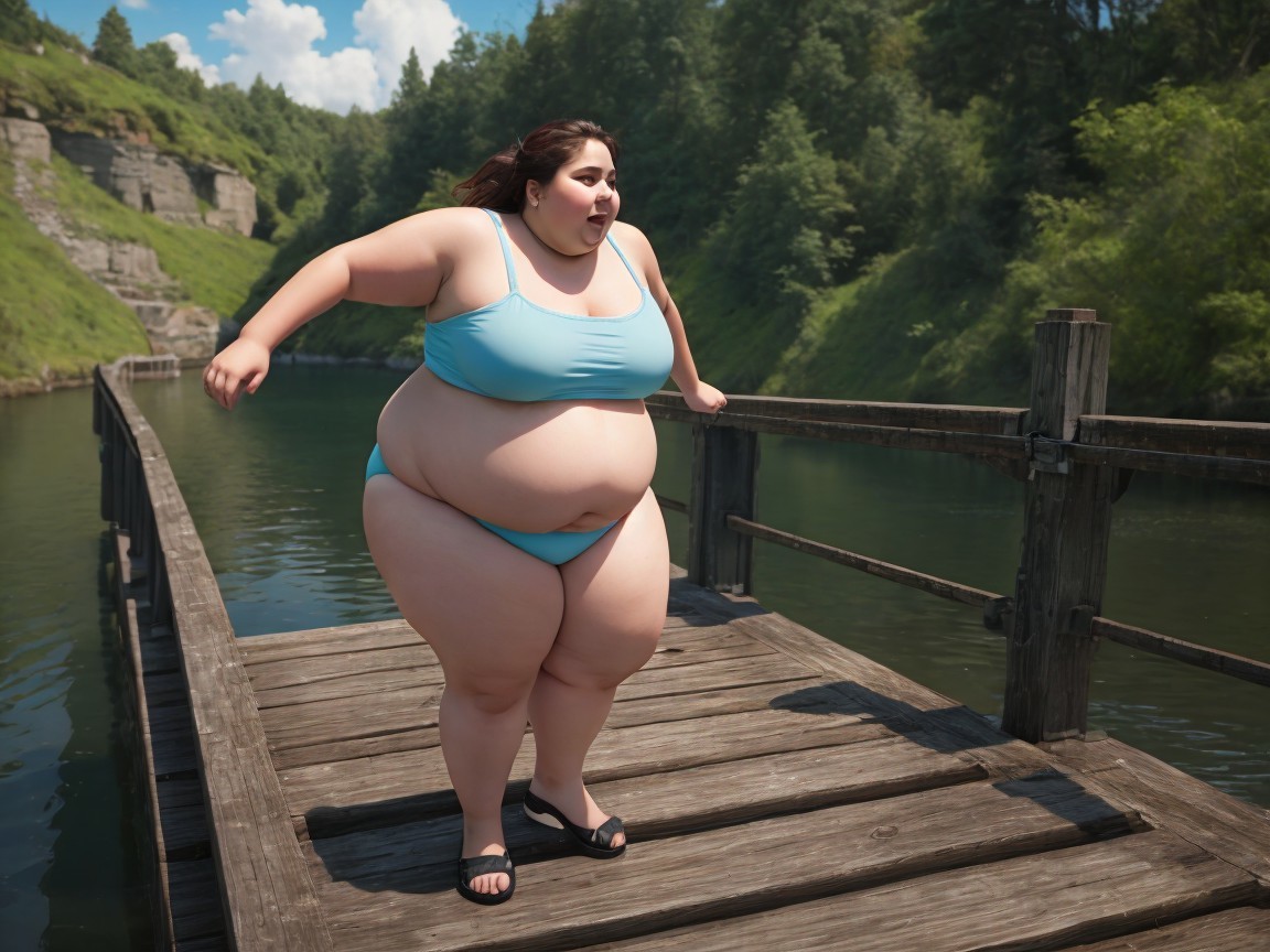 Plus-Size Woman in Light Blue Swimsuit by Water