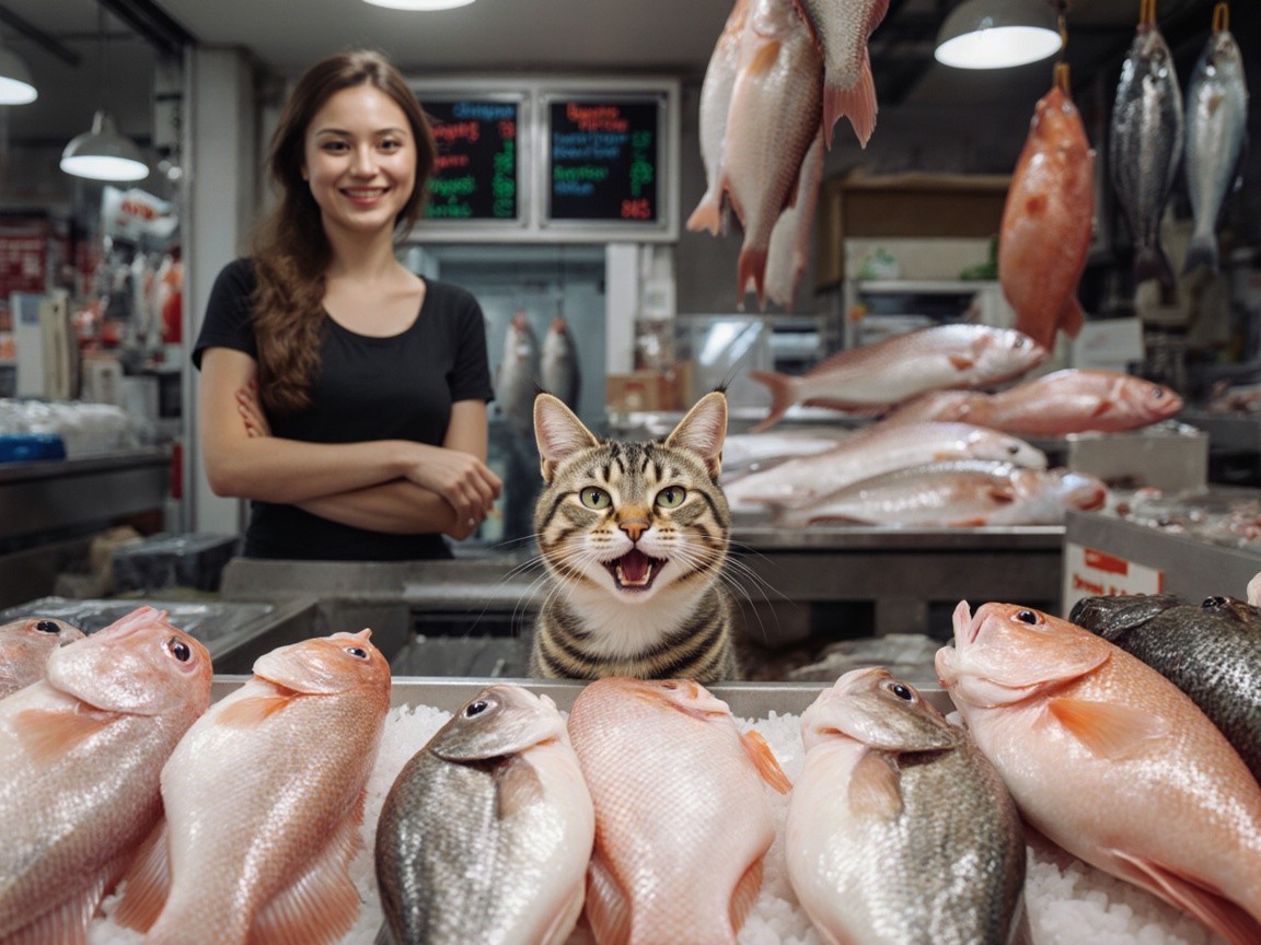 Tabby Cat in Vibrant Fish Market Scene