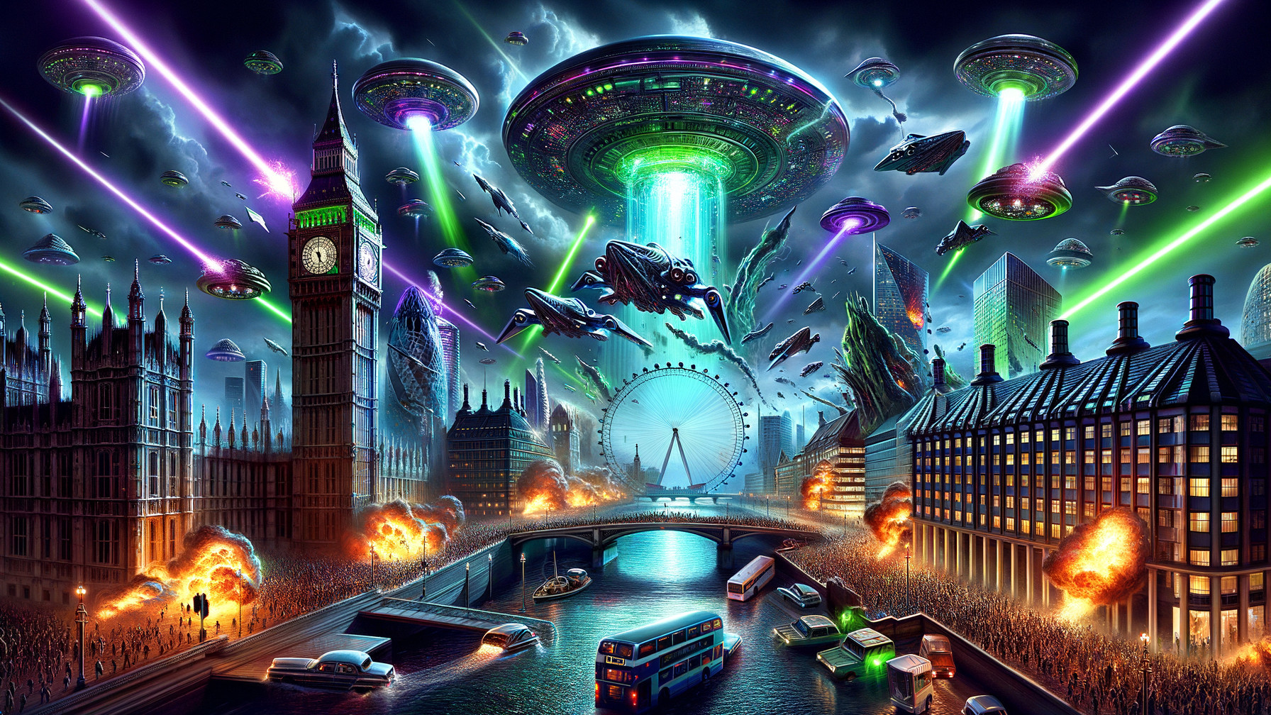 Futuristic Cityscape with Alien Invasion and Chaos
