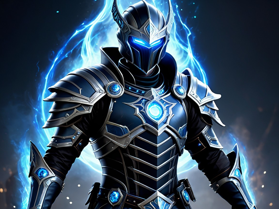 Armored figure in silver and blue with glowing runes