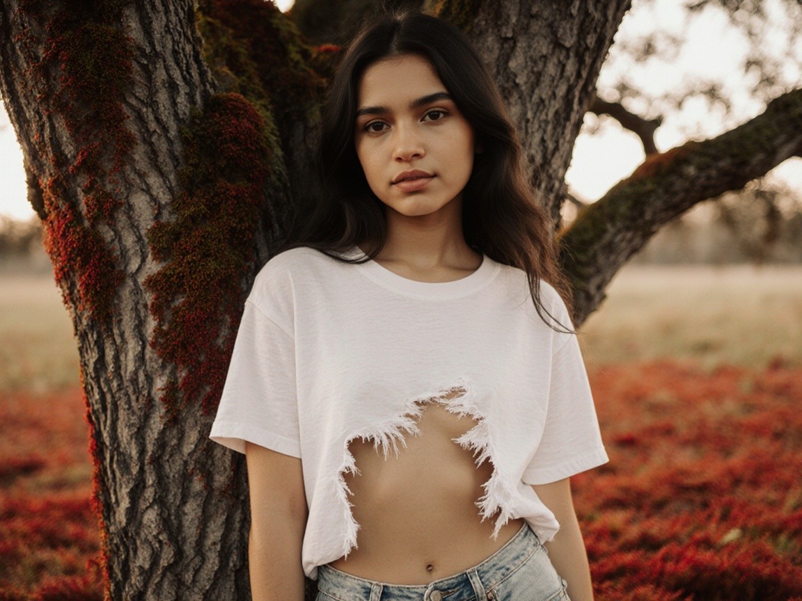 Young Woman in Relaxed Pose by Rustic Tree