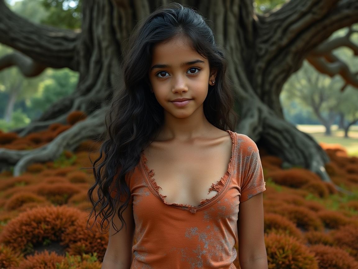 Young girl in orange top by a large twisting tree
