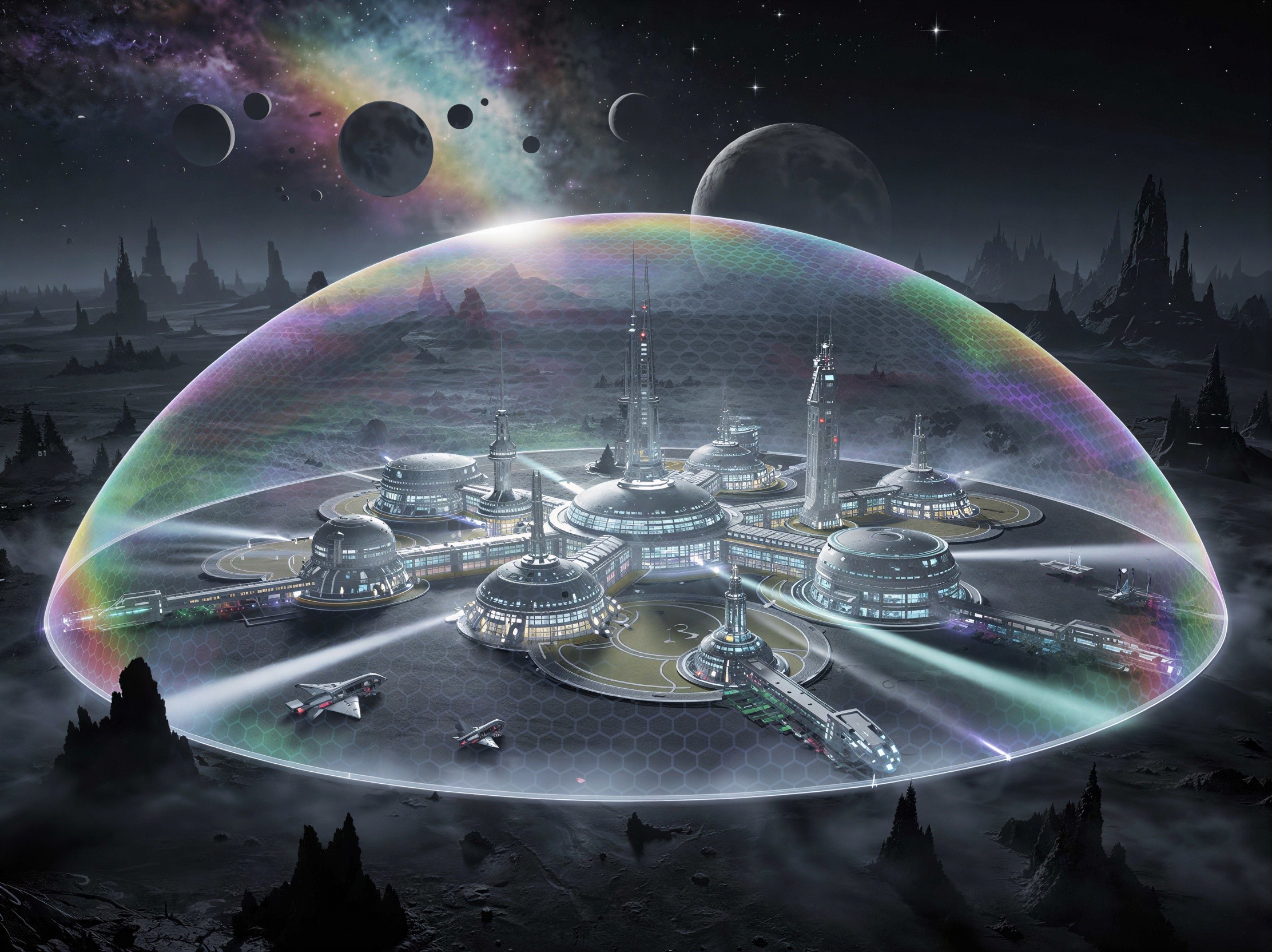 Futuristic Circular City Under Starry Sky with Force Field