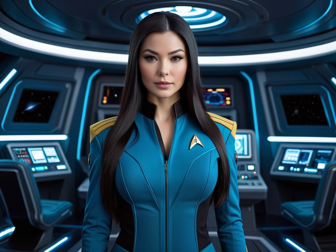 Confident Female Officer on Futuristic Starship Bridge