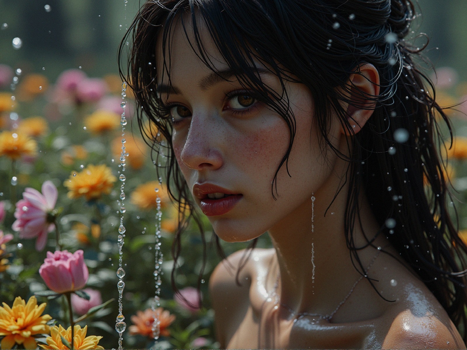 Close-Up Portrait of Young Woman with Flowers