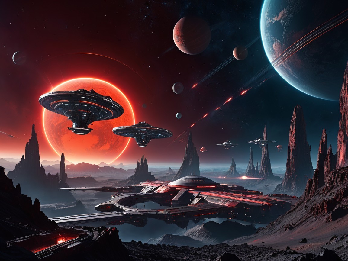 Futuristic Landscape with Alien Wilderness and Spaceships