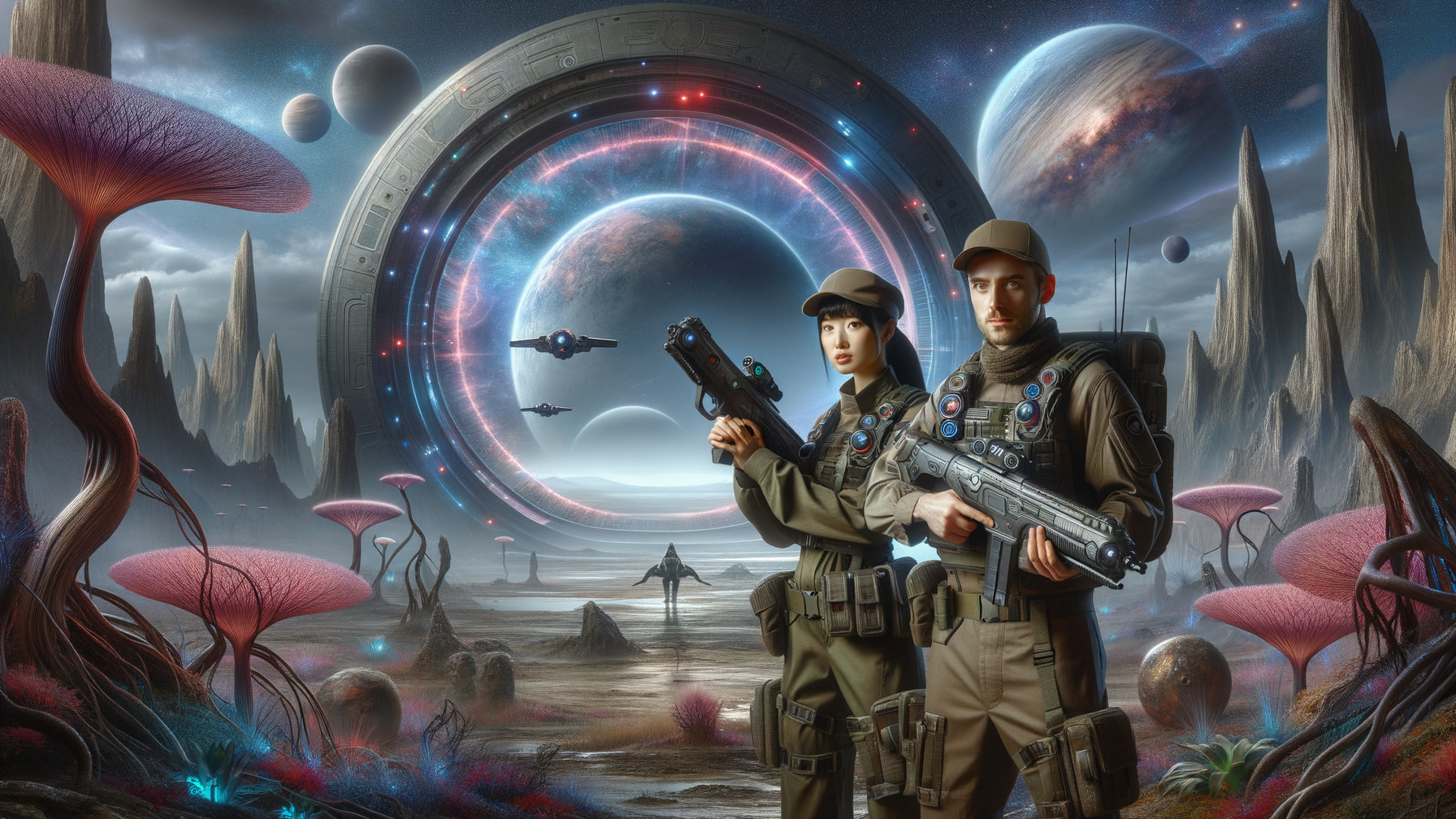 Futuristic soldiers in a vibrant alien landscape
