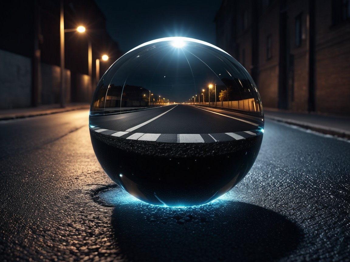 Reflective Sphere on Dark Street at Night