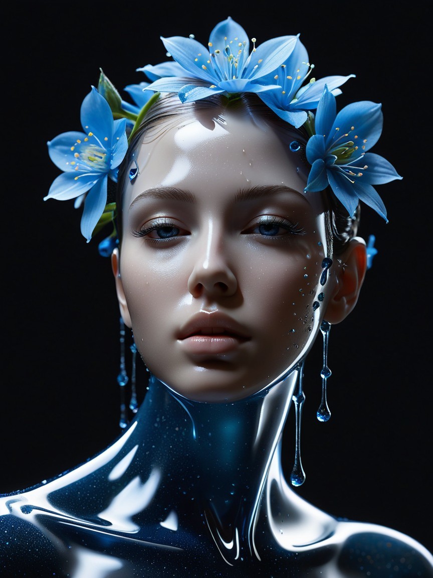 Ethereal Portrait with Glossy Complexion and Flowers