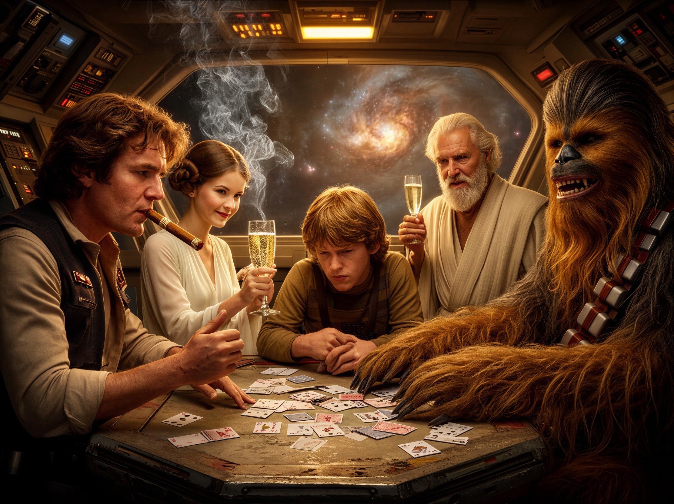 Star Wars Characters Playing Cards in Spaceship Cockpit