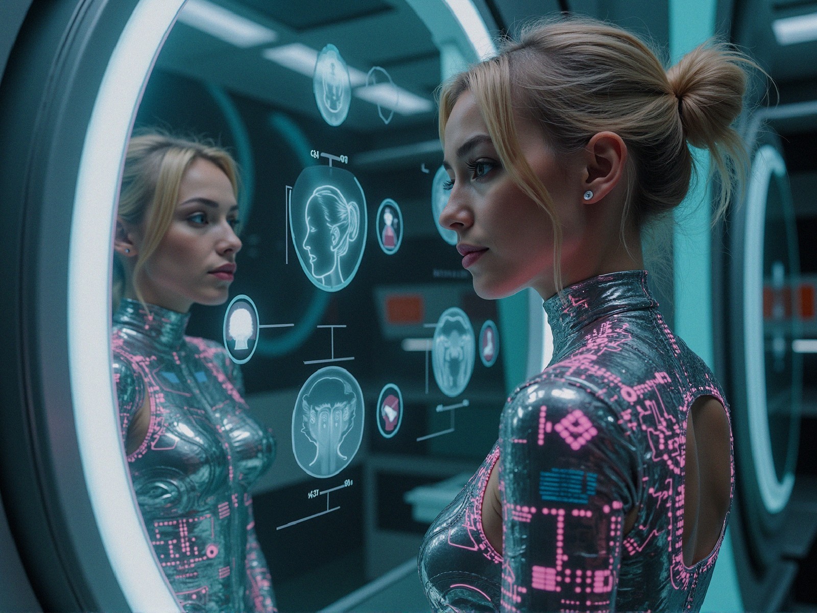 Futuristic Scene with Woman in Metallic Bodysuit