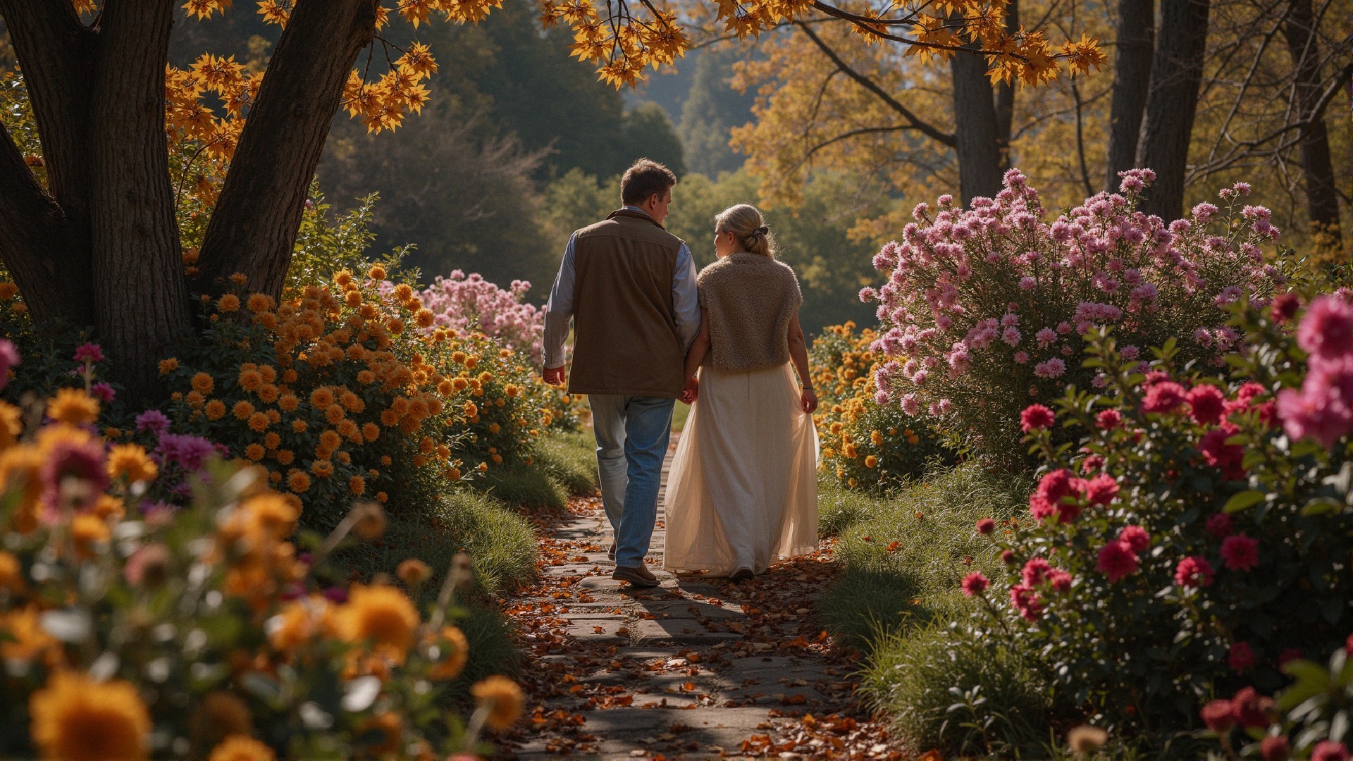 Couple Strolling on Stone Path Surrounded by Flowers