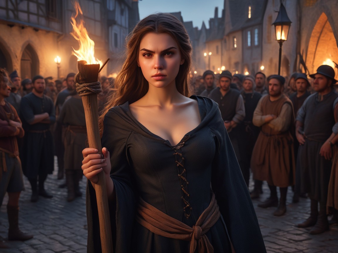Young Woman with Torch in Medieval Village Setting