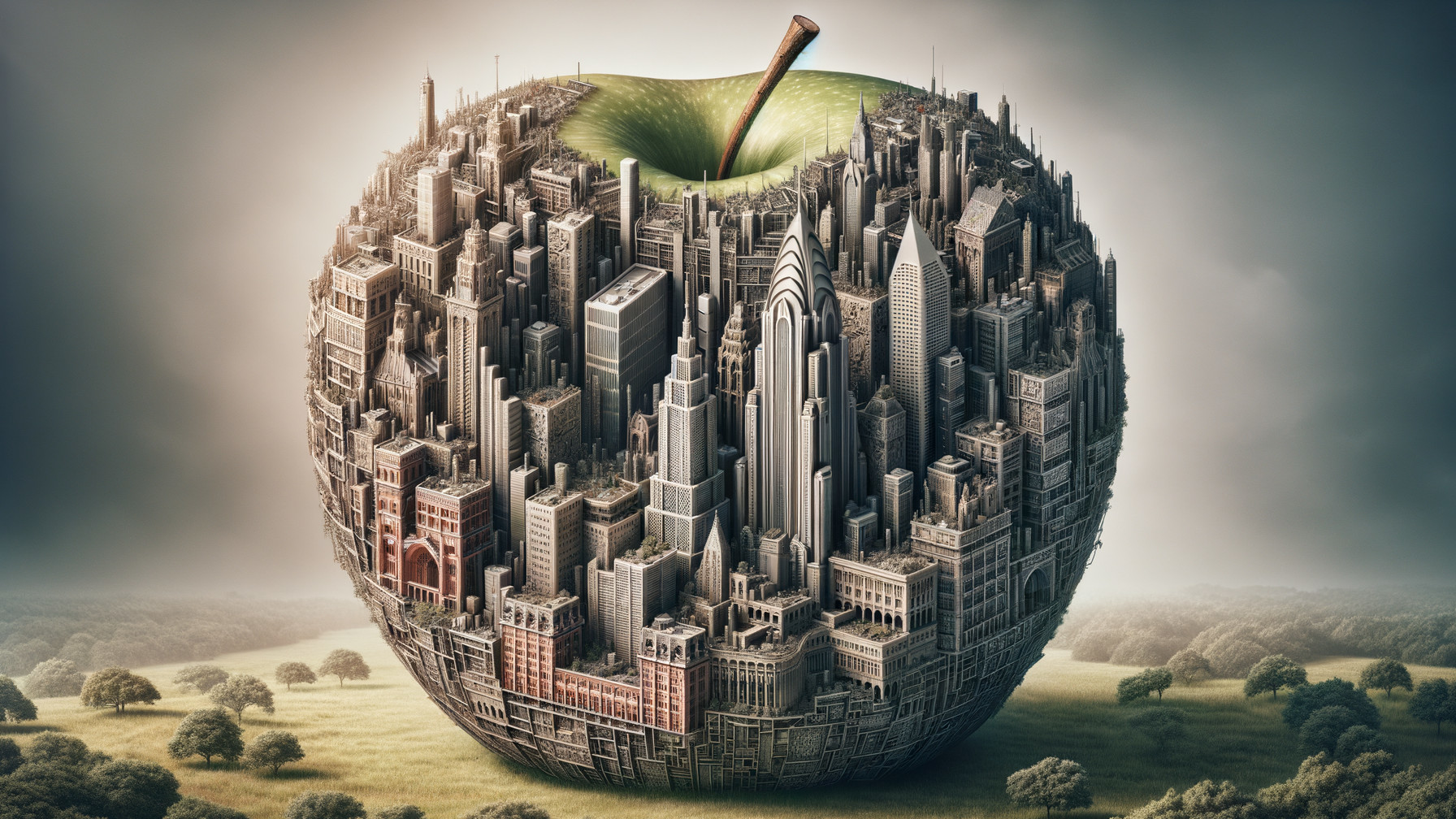 Giant Apple Design Featuring Urban Cityscape Elements