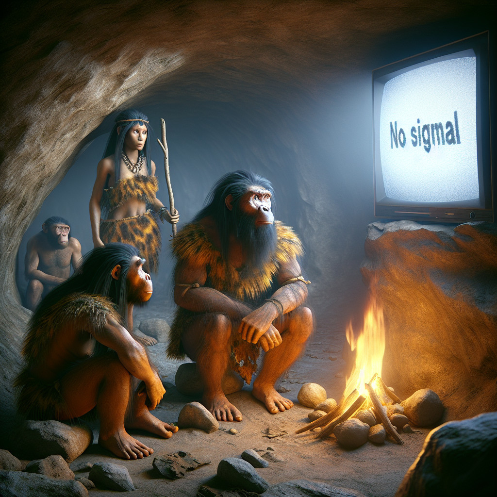 Early Humans in Cave with Modern TV Displaying No Signal