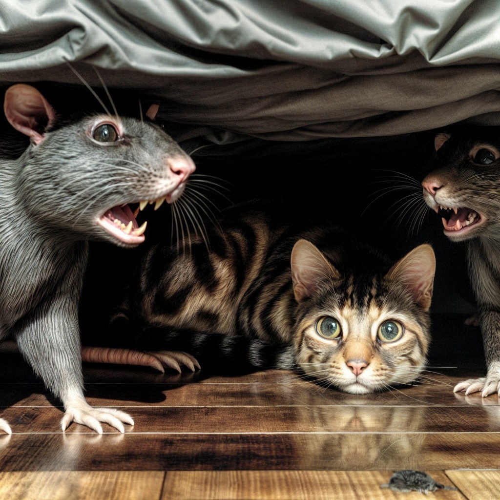Bengal Cat Observes Anthropomorphic Rats in Standoff