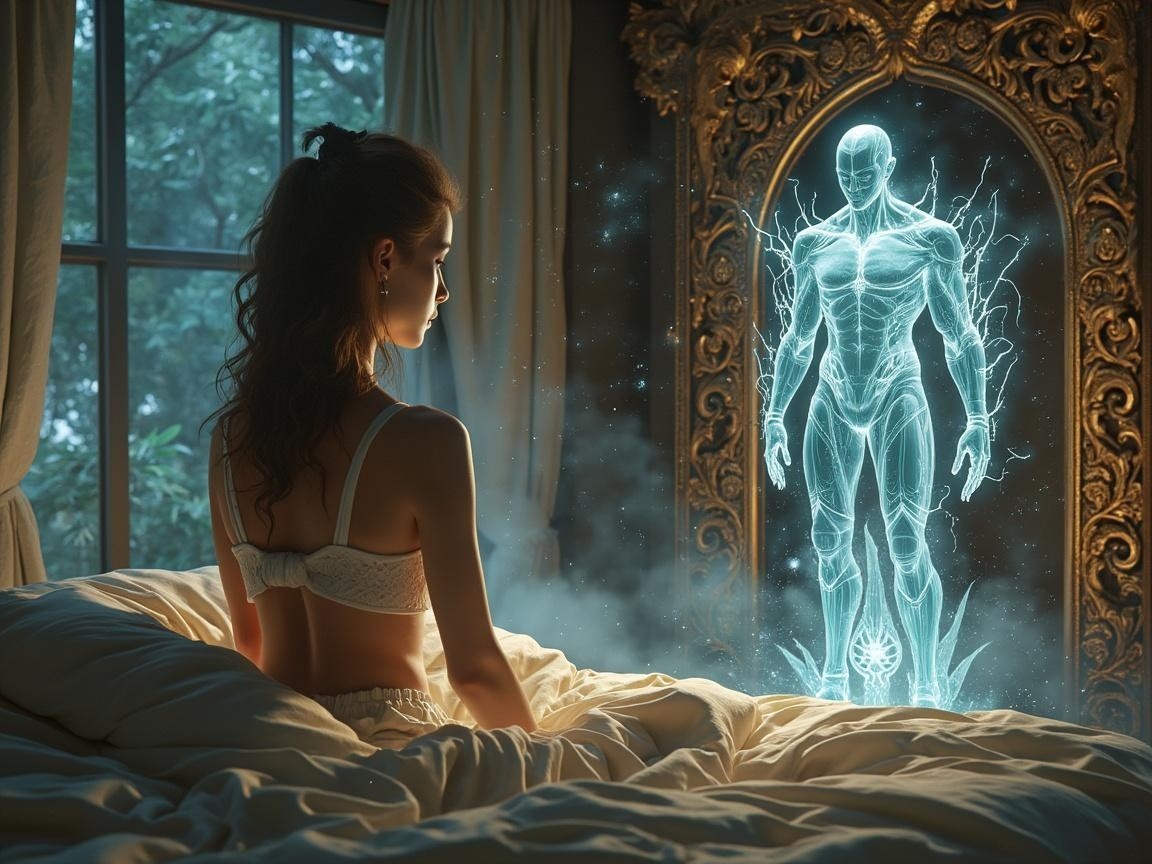 Young woman gazes at ethereal figure from mirror