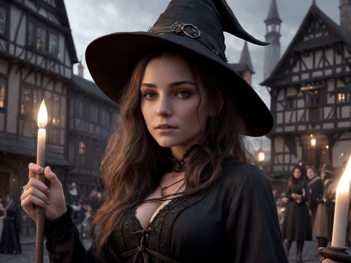 Medieval Village Scene with Witch and Candlelight