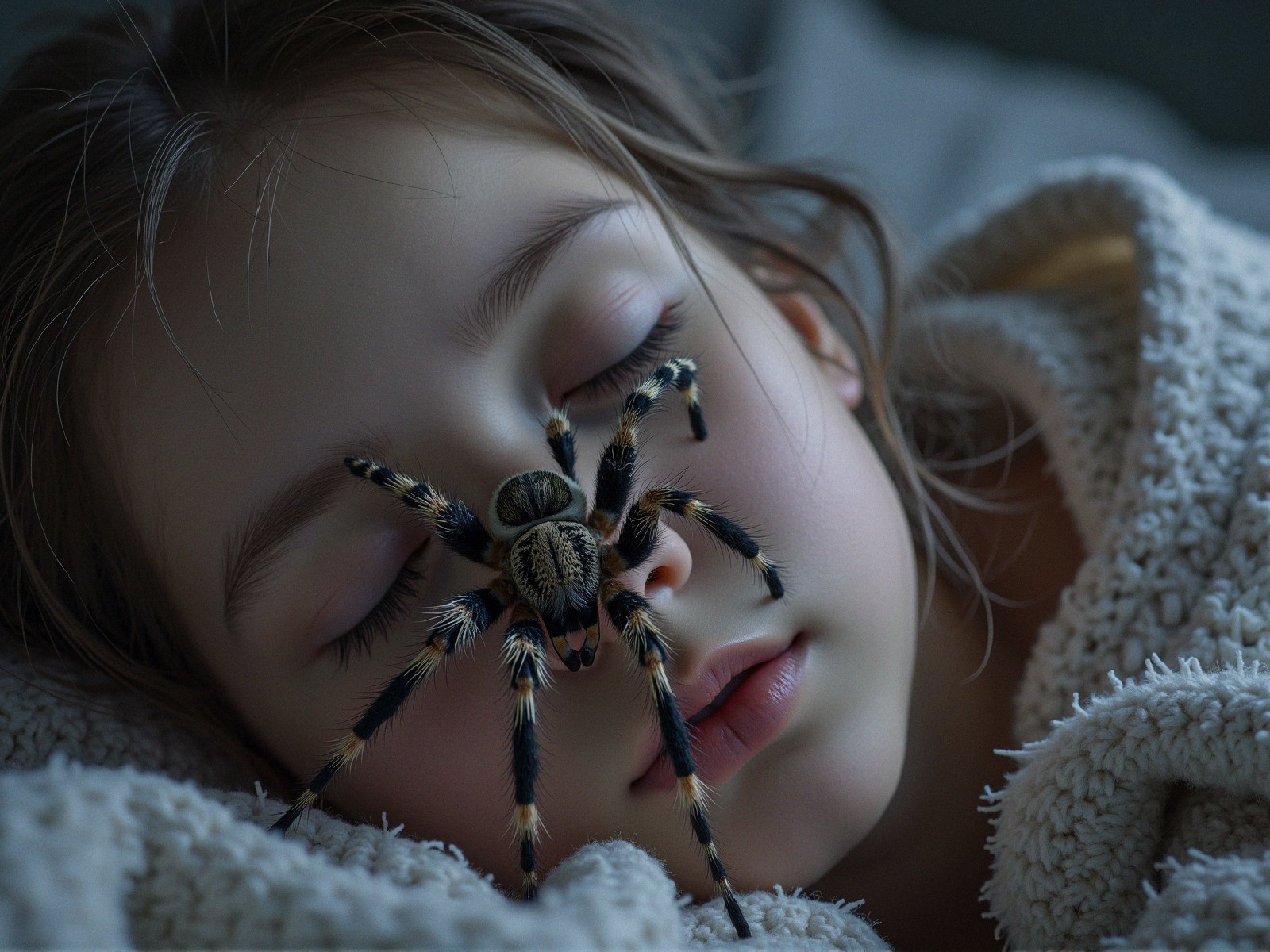 Young Girl Asleep with Spider on Her Face