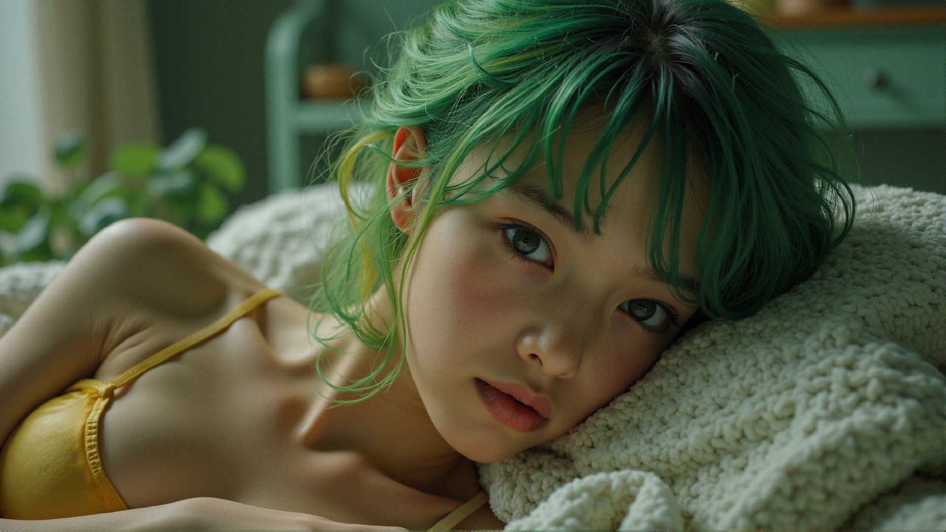 Young person with green hair in serene setting