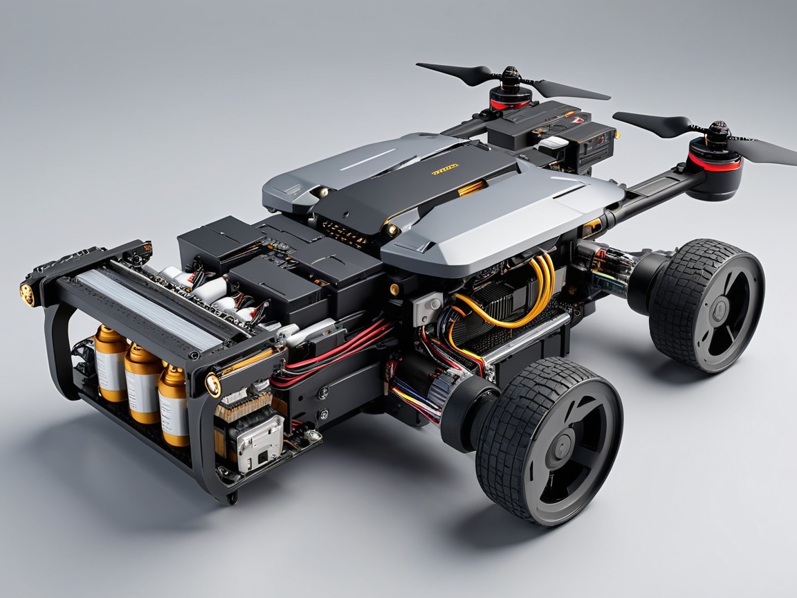 Futuristic Robot Vehicle with Wheels and Drone Propellers