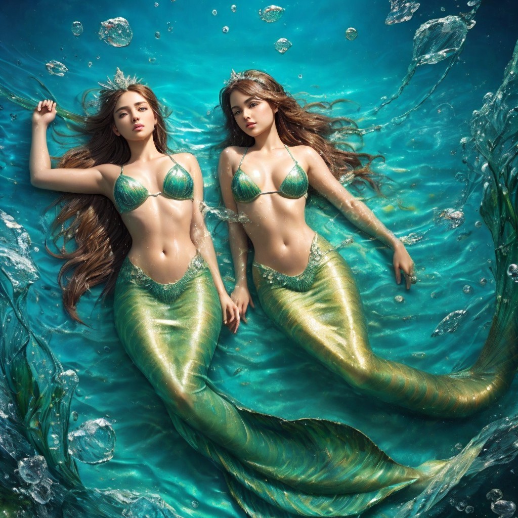 Mermaids in Turquoise Waters with Shimmering Tails