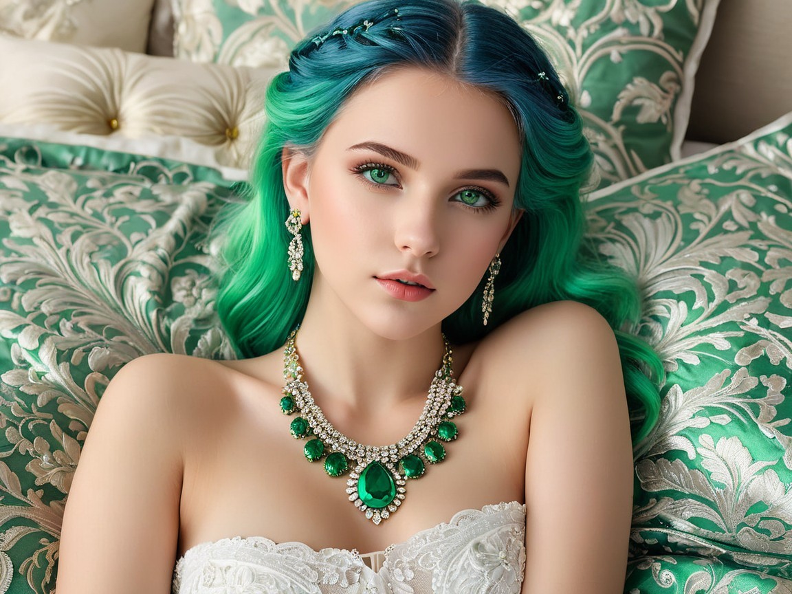 Young woman with teal hair on green-patterned backdrop