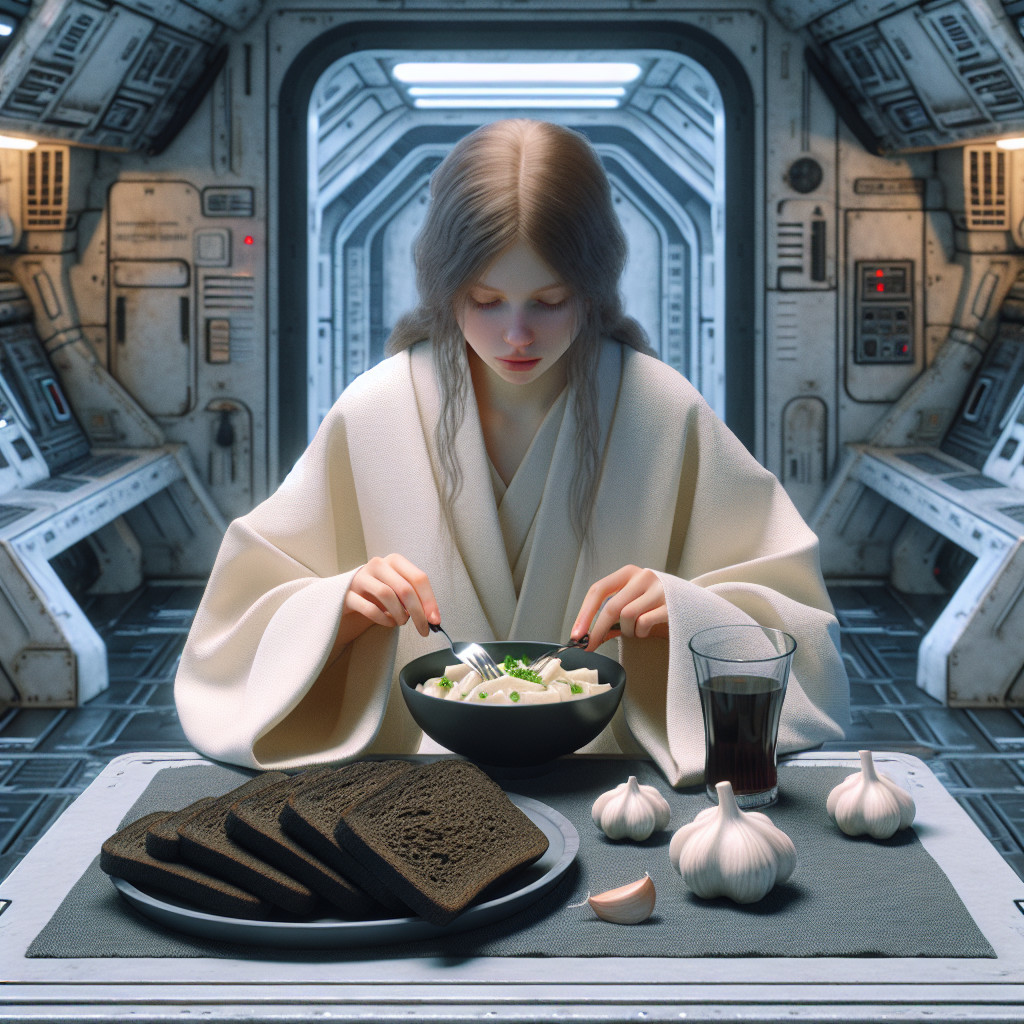 Futuristic Space Station Dining Scene with Solitary Woman