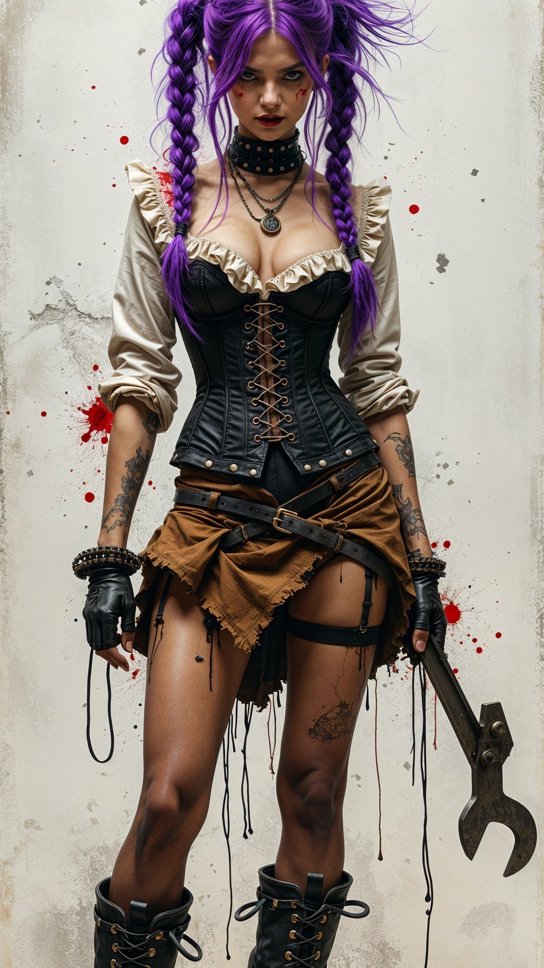 Corset-style outfit with vibrant purple hair and tattoos