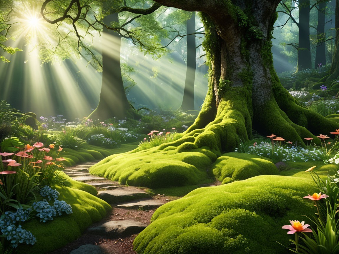 Serene Forest Scene with Golden Sunlight and Flowers