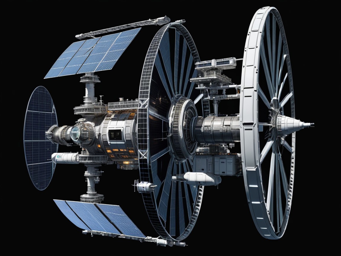 Futuristic space station with rotating wheels and solar panels