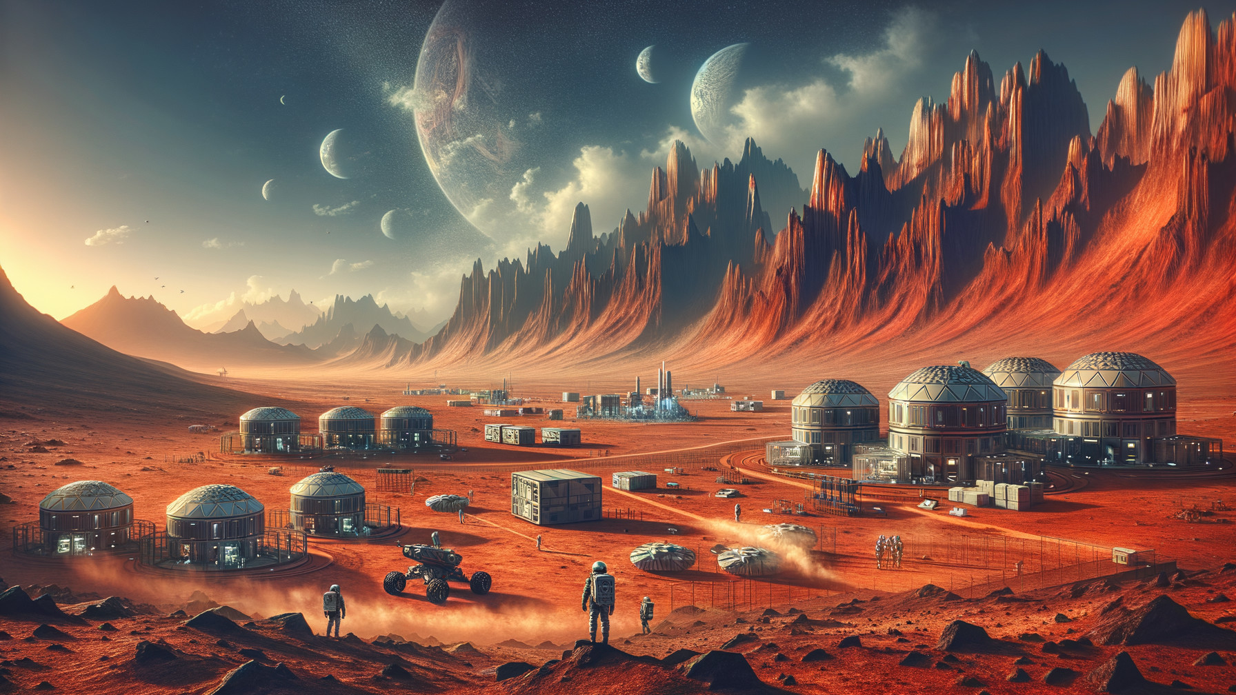 Futuristic Martian landscape with domed habitats and moons