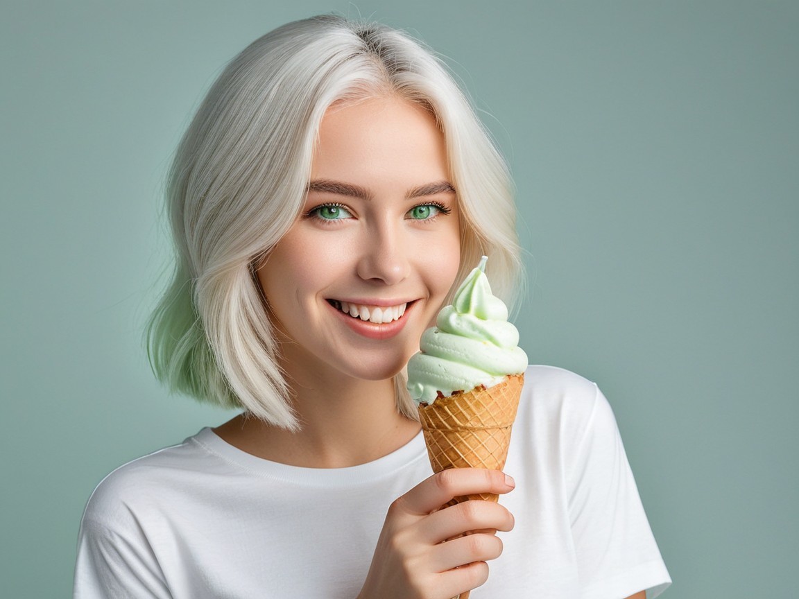 Young woman with mint green ice cream and pastel background